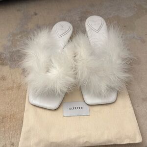 Sleeper Pom Kitten Heel Mules with Feathers in White